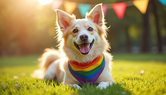 Happy dog wears rainbow bandana, rests on grass in sunny park. Colorful flags fly in background. Golden hour light illuminates joyful pet, celebrating Pride Month with pure happiness and love.