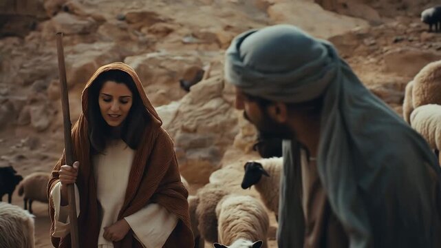 Jacob went to his uncle Laban's house in Haran, and met Rachel who was tending her father's sheep, then they talked
