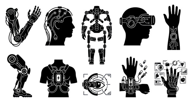 Futuristic Cyberpunk Technology Icons: Robot Prosthetics, VR, Cyborg Elements