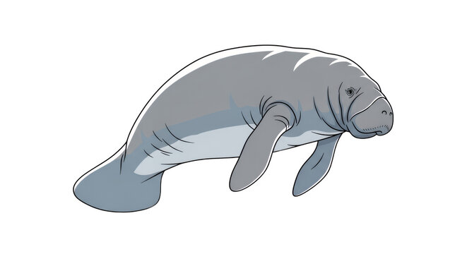 Manatee Illustration Isolated on White Background, Cute Sea Cow Aquatic Mammal Character Vector Art