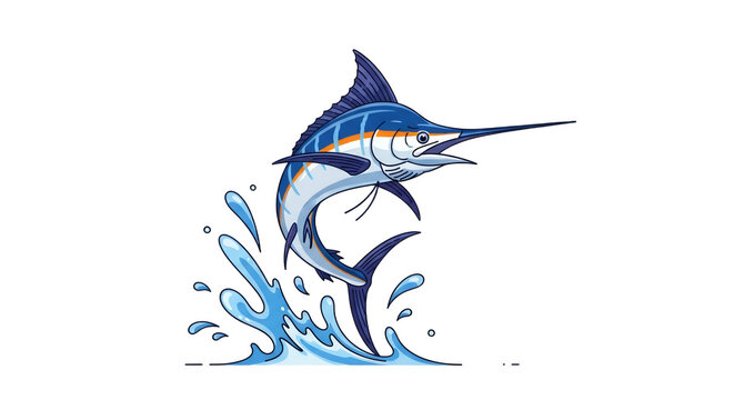 Blue Marlin Fish Jumping from Water Illustration, Sport Fishing Logo Graphic, Marine Wildlife Vector Isolated on White Background