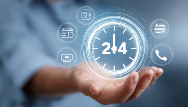 A person's hand holding a glowing clock image surrounded by icons indicating services available