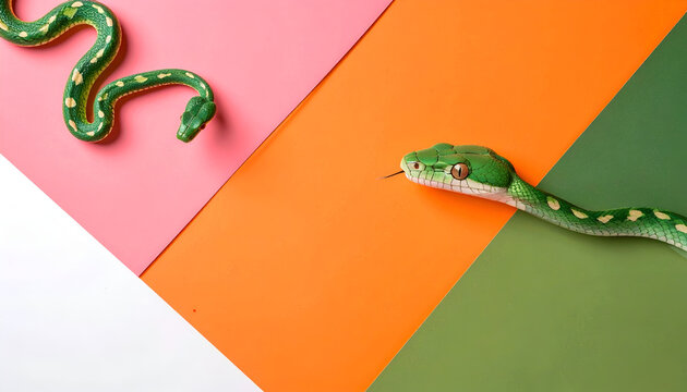 Vibrant Emerald Tree Boa Snakes on Colorful Geometric Background.
