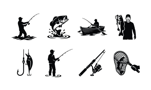 Fishing Icons Set, Angler Silhouette Collection, Fisherman Catching Fish, Boat Rod Reel Net Graphics, Outdoor Hobby Vector Graphics