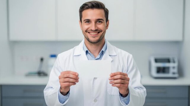 Confident doctor in white coat smiling warmly holding blank card professional medical healthcare