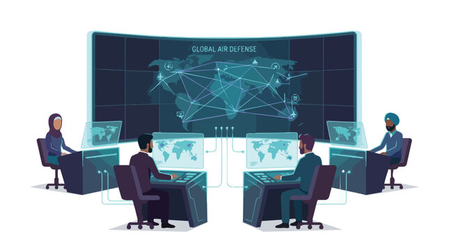 Global Air Defense Command Center Illustration Diverse Team Monitoring World Map Security Operations Center Technology