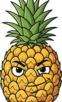Vibrant yellow pineapple cartoon character featuring a funny expressive face with a suspicious smirk that adds a playful and unique touch to this creative fruit illustration for graphic design