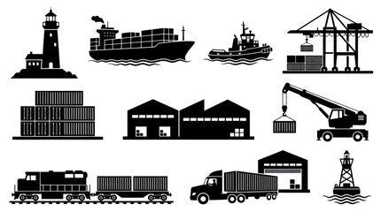 Fototapeta premium Shipping and Logistics Icons: Cargo Ship, Lighthouse, Crane, Truck, Train, Warehouse, Tugboat