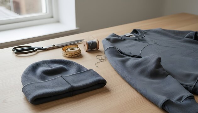 Gray sweatshirt to beanie conversion on a wooden table with tailoring tools for a sustainable upcycling fashion concept showing textile repurposing and DIY craft