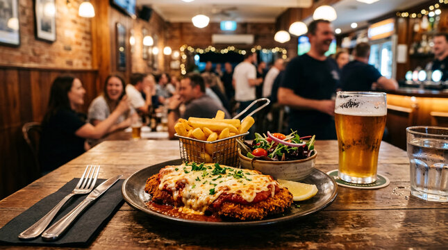 A chicken parmigiana with chips, salad and a beer on a table inside a busy pub