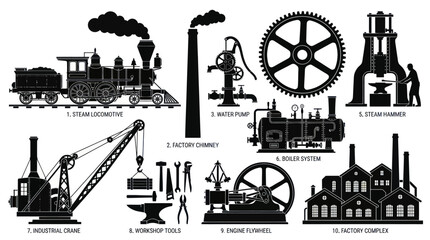 Obraz premium Vintage Industrial Revolution Silhouettes: Steam Engine, Factory, Crane