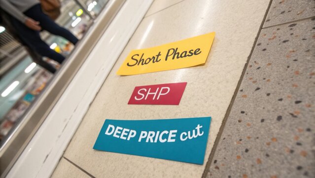 Colorful Signs on Floor Indicating Short Phrase, SHP, Deep Price Cut at Retail Store for Promotional Shopping Experience and Customer Attraction