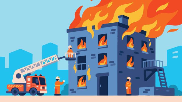 Illustration Of A Burning Building With A Rescue Scene Vector Design Template