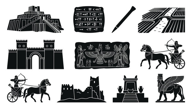 Ancient Mesopotamia Icons: Ziggurat, Cuneiform, Chariot, Lamassu, Glyph Art