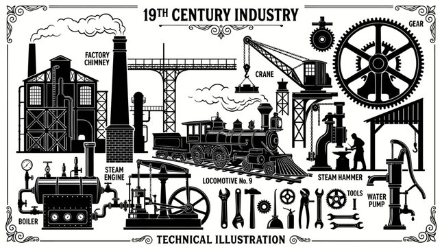 19th Century Industrial Revolution Technology Black and White Vector Illustration
