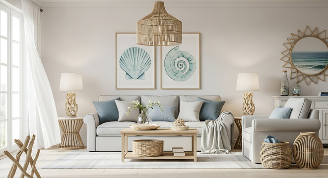 A serene and stylish living room with a coastal vibe featuring a light-colored sectional sofa and armchair