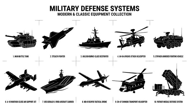 Military Defense Systems: Modern  Classic Equipment Collection - Black  White Line Art