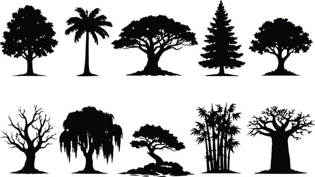 Black tree silhouettes,Minimal tree art,White and black trees,Nature in contrast,Simple tree forms,Dark trees on white,Silhouette forest art,Calm tree shadows.
