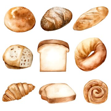 Watercolor Bread Rolls and Croissant Bakery Set