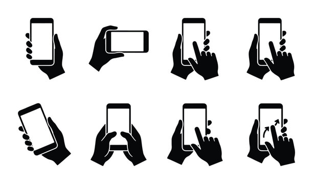 Mobile Phone Gestures, Hand Holding Smartphone Icons, Touchscreen Interaction Vector Set, Digital Device User Interface Elements