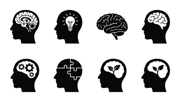 Brain Icon Set: Silhouette Heads with Ideas, Gears, Puzzles, and Growth Concepts, Vector Graphics for Innovation and Psychology