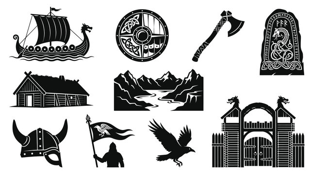 Viking Symbols Set: Ship, Helmet, Axe, Rune Stone, Shield, Gate, Raven, House, Landscape Icons