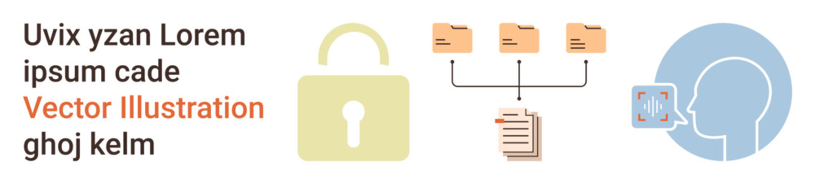 Cybersecurity, data protection, file management, identity verification, data organization, biometrics. Lock icon, linked folders and facial recognition scan. Cybersecurity and data protection ion