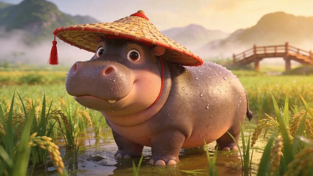 A hippo wearing a Chinese farmers hat; cartoon personification
