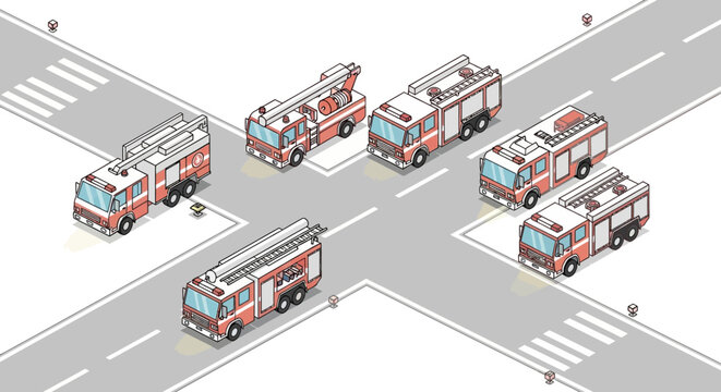 Isometric vector illustration featuring several red and white fire trucks positioned at a four-way intersection, designed in a cartoon style with a light and airy color palette