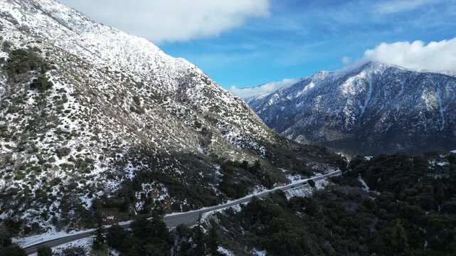 The Santa Ana River Valley in San Bernardio, California, after a winter storm near State Route 38 looking at the Road to Big Bear near Angelus Oaks 