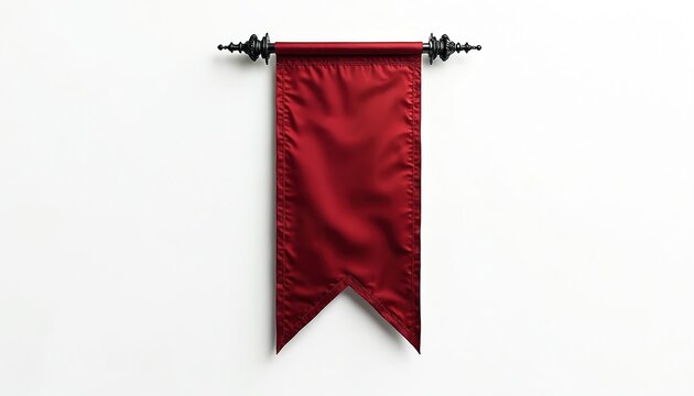 Blank crimson banner hangs vertically from ornate dark rod on white wall. Empty fabric scroll awaits message or symbol. Useful for announcements, heraldry, or historical themes.