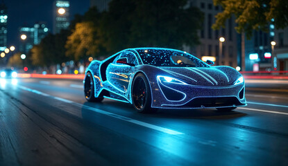 Fototapeta premium Futuristic car driving on city streets at night