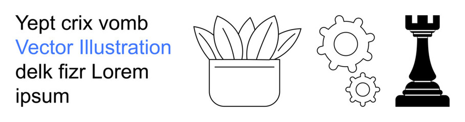 Hobbies, strategy, teamwork, gardening, mechanics, and creativity. a plant in a pot, two mechanical gears and a chess rook. gardening and strategic thinking concepts © robu_s