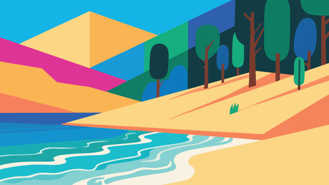 Illustration Of A Combination Of Desert, Sea And Forest Vector Design Template
