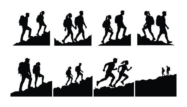 Silhouette Hikers and Runners Set, Mountain Climbing Vector Icons, Outdoor Adventure People Graphics, Active Lifestyle Silhouettes