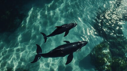 Fototapeta premium Two Black Whales Swimming Underwater in Ocean with Sunlight