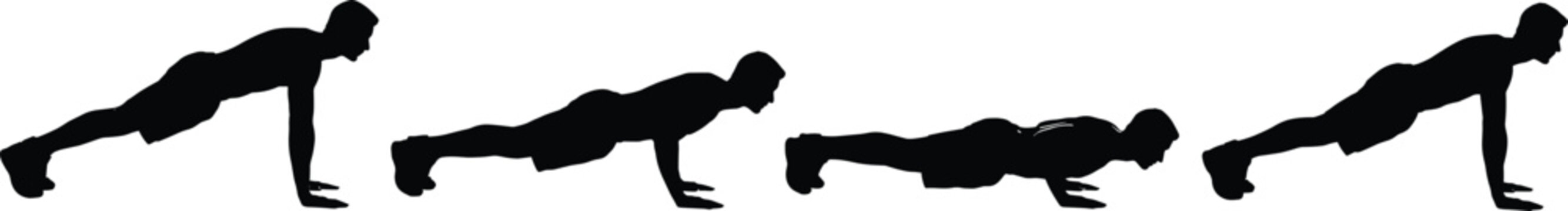 Push up exercise step by step silhouette set, man doing fitness workout, gym training sequence, bodyweight strength coaching, athlete health lifestyle vector illustration