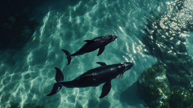 Two Black Whales Swimming Underwater in Ocean with Sunlight
