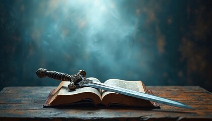 Obraz premium Antique sword rests on open book pages, suggesting a conflict between faith and war, knowledge and power. This represents historical battles or current ideological struggles. A dramatic scene.