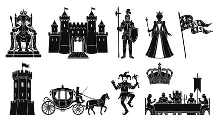 Obraz premium Medieval Royalty Icons: King, Queen, Castle, Knight, Crown, Jester, Flag, Carriage