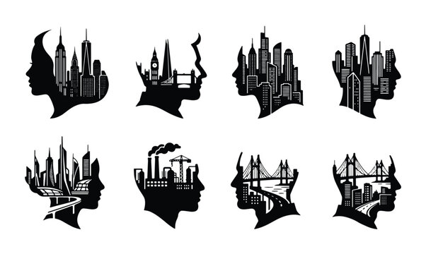 Cityscape Silhouettes, Urban Mindscapes, and Architectural Profiles Vector Set: 8 Diverse Concepts