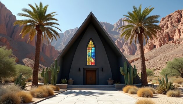 Modern chapel with triangular roof, stained glass window stands in desert. Palm trees, cactuses surround structure against rocky mountains under clear blue sky. Outdoor scene shows arid nature,