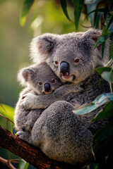 Obraz premium a koala and her baby. the background is bright green jungle.