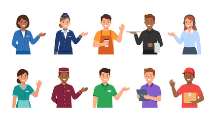 Fototapeta premium Diverse Service Industry Professionals Flat Vector Characters Set