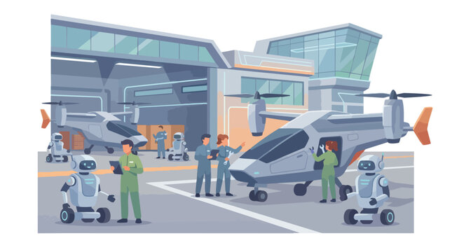 Futuristic Vertiport Scene with Electric VTOL Aircraft and Diverse Workers Inspecting Air Taxis for Urban Air Mobility