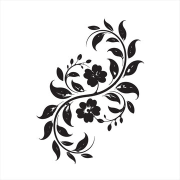 Vintage black silhouette floral design element featuring abstract swirls and ornate butterfly patterns for a decorative vector illustration