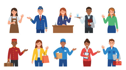 Fototapeta premium Diverse service professionals in flat design: barista, pilot, waitress, waiter, operator, bellhop, courier, saleswoman