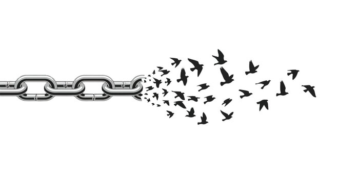 Black and white illustration of birds flying out of a broken chain link on a plain white background