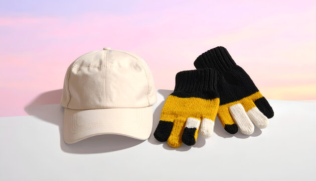 A pair of winter gloves and a baseball cap are displayed on a flat surface.