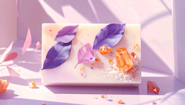 Handmade Natural Soap Bar with Botanical Elements and Soft Lighting.